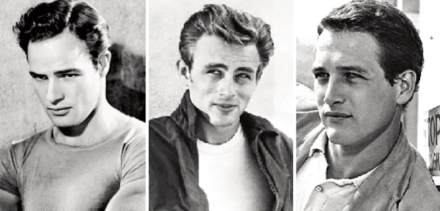 Marlon Brando, James Dean e Paul Newman: atores que deviam muito de sua formação artística ao diretor de cinema Elia Kazan. Fotos: Wikipédia Commns, Jamesdean Official Bogspot e eBay