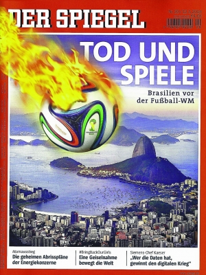 Tradução do título da fotomontagem: "Morte e jogos. O Brasil antes da Copa"