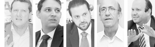 Giuseppe Vecci, Thiago Peixoto, Alexandre Baldy, Rubens Otoni e Olavo Noleto: altamente competitivos pra eleição de outubro | Fotos: Fernando Leite/Jornal Opção