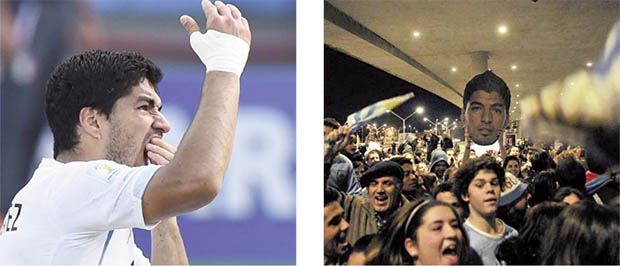 Suárez com a mão à boca logo após morder Chiellini e recebido como herói em Montevidéu após ser expulso da Copa: promovido de vilão a injustiçado