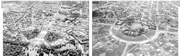 FOTO 1: Cidade alemã de Karlsruhe segue a lógica urbanista de avenidas em direção ao poder central  | FOTO 2: de Goiânia no período de sua inauguração: todas as vias ao encontro do centro político 