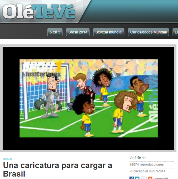 Animação satiriza derrota brasileira. No vídeo, jogadores do Brasil choram, enquanto um alemão entra no gol com carrinho de mão cheio de bolas | Foto: Reprodução/OléTeVê