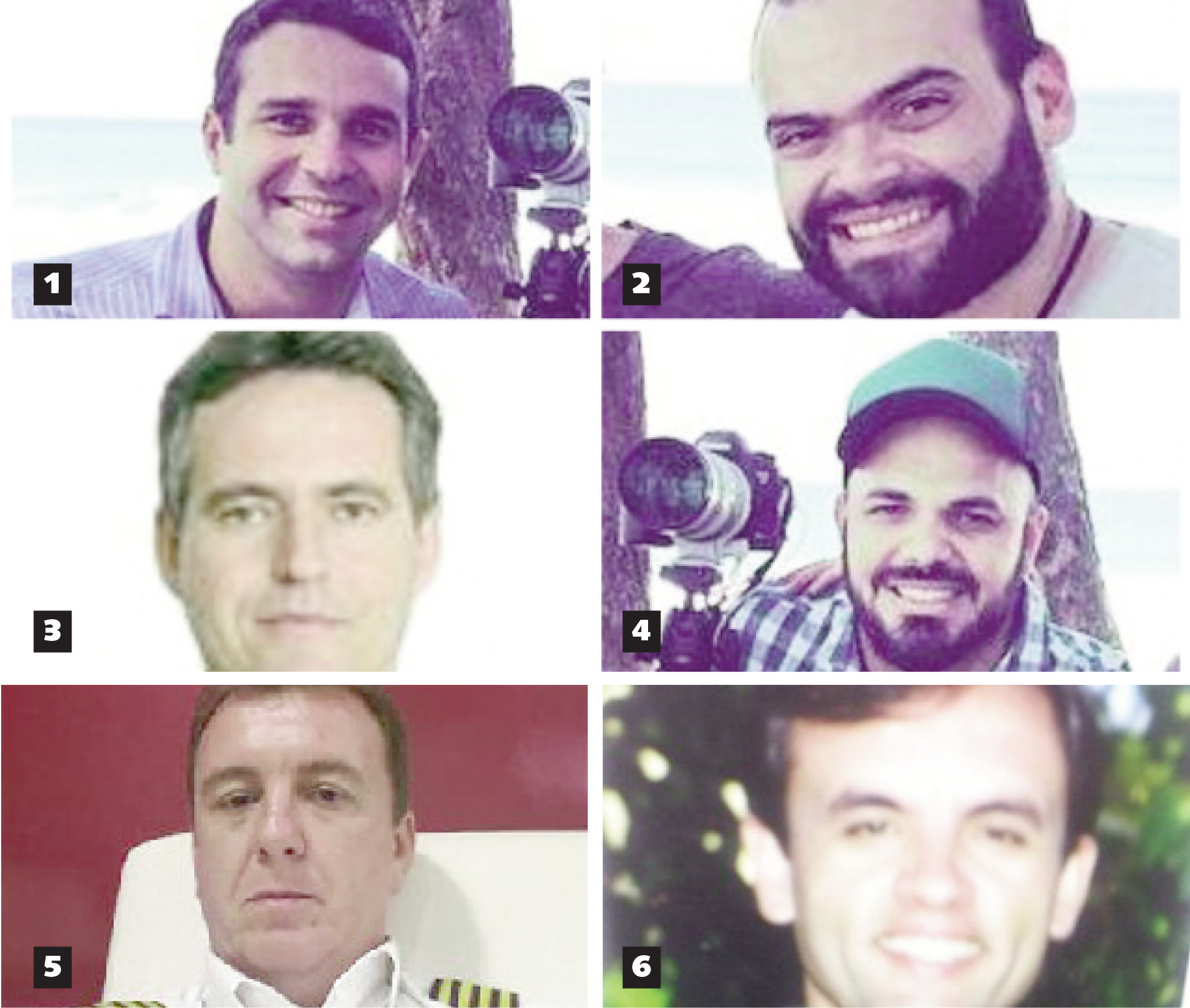 Carlos Augusto Leal Filho (1) , Alexandre Severo (2), Pedro Almeida Valadares Neto (3), Marcelo Lyra (4), Marcos Martins (5) e Geraldo Cunha (6). Os quatro primeiros trabalhavam na campanha de Eduardo Campos, os outros dois pilotavam a aeronave
