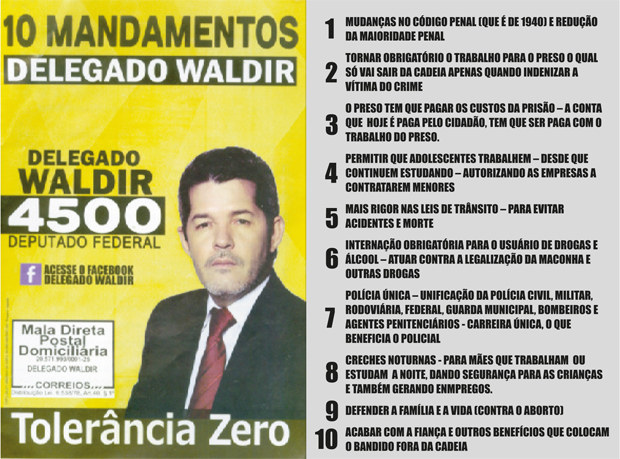 Folheto com as propostas do deputado federal Delegado Waldir, campeão de voto nas urnas em Goiás