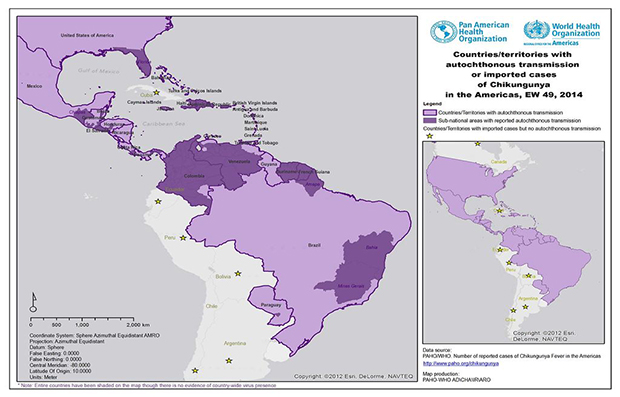 Partes coloridas do mapa da Organização Pan-Americana da Saúde marcam onde a epidemia já está confirmada