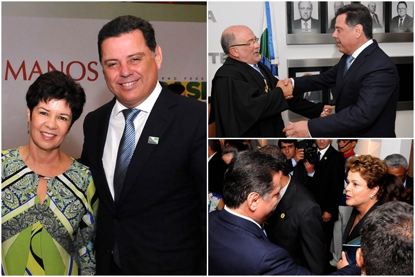 O governador com a a procuradora de Justiça de Goiás, Ivana Farina Navarrete Pena, que foi empossada no Conselho Nacional de Direitos Humanos; com o novo presidente do TCU, Aroldo Cedraz; cumprimentando a presidente Dilma Rousseff (PT) | Fotos: Laílson Damásio