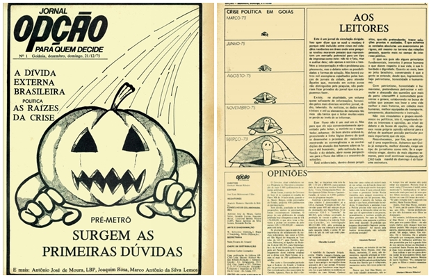 Primeira capa do Jornal Opção, de 21 de dezembro de 1975. À época, edição já tratava do metrô em Goiânia. A ilustração é de Jorge Braga | Foto: arquivo pessoal