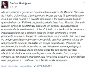 Foto: Publicação no perfil do Facebook da jornalista  Larissa Oliveira