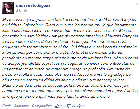 Foto: Publicação no perfil do Facebook da jornalista  Larissa Oliveira
