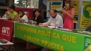 De preto, presidente da CUT, Bia de Lima; ao lado, de branco, secretário da CNBB, Daniel | Foto: divulgação/ Facebook