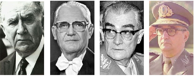 Emílio Garrastazu Medici, Ernesto Geisel, Orlando Geisel e Sylvio Frota: os presidentes e seus ministros do Exército decidiram que os guerrilheiros do PC do B deveriam ser mortos, e não necessariamente em combate | Fotos: Wikipédia Commons