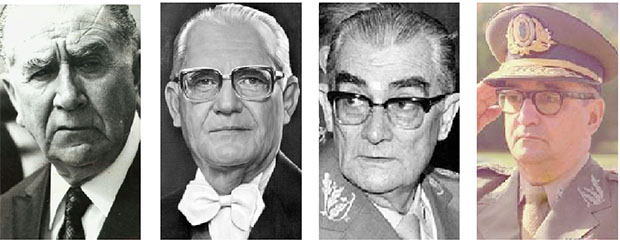 Emílio Garrastazu Medici, Ernesto Geisel, Orlando Geisel e Sylvio Frota: os presidentes e seus ministros do Exército decidiram que os guerrilheiros do PC do B deveriam ser mortos, e não necessariamente em combate | Fotos: Wikipédia Commons