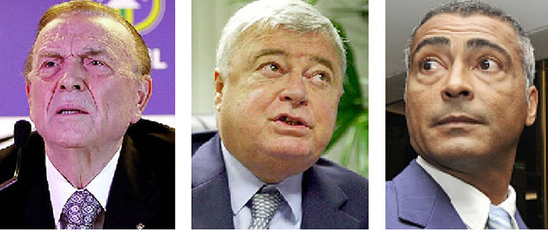 José Maria Marin (detido na Suíça a pedido do governo dos Estados Unidos), Ricardo Teixeira e Romário: a CPI articulada pelo senador do Rio de Janeiro pretende investigar a fundo as ações dos dois dirigentes esportivos