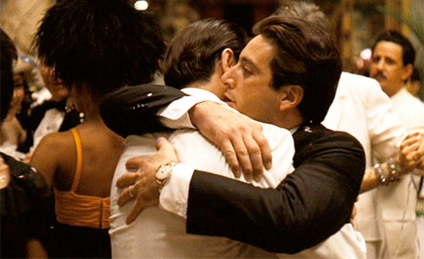 The movie "The Godfather: Part II", directed by Francis Ford Coppola, based on the novel 'The Godfather' by Mario Puzo.  Seen here from left, John Cazale (back to camera) as Fredo Corleone and Al Pacino as Don Michael Corleone.  Initial theatrical wide release December 20, 1974.  Screen capture. © 1974 Paramount Pictures and The Coppola Company. Credit: © 1974 Paramount Pictures / Flickr / Courtesy Pikturz.  Image intended only for use to help promote the film, in an editorial, non-commercial context.
