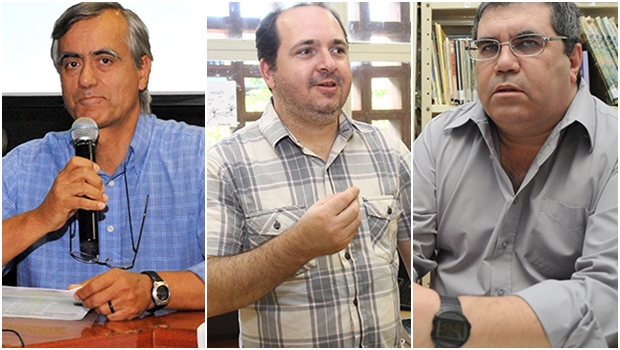 Alberto Moreira (esquerda): “É necessário mais debate”; Flávio Sofiati (centro): ”Estado laico precisa amadurecer”; Nildo Viana: ”Lei atenta contra princípio laico” | Fotos: Fernando Leite/Jornal Opção