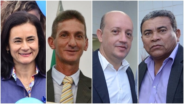 Prefeita de Valparaíso de Goiás, Lucimar Conceição (PT); o vice-prefeito, Elson Varejão (PMDB); o secretário de Saúde, Walter Mattos (PPS); e o secretário de Governo, Antônio Reis (PSB): auxiliares são apontados como possíveis substitutos da petista | Fotos: reprodução / Facebook 