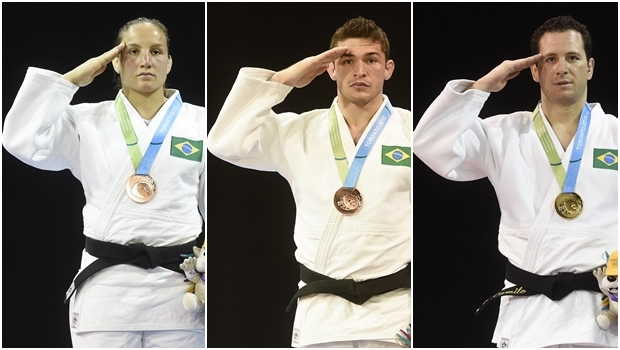 Judocas Maria Portela, Vitor Penalbra e Tiago Camilo: continência gera polêmica | Fotos: William Lucas/ Inovafoto/ Bradesco