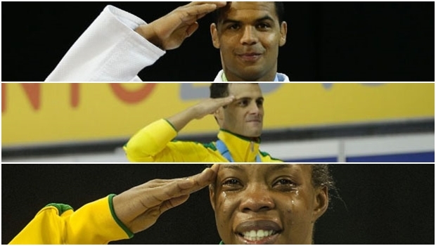 Luciano Corrêa, Leonardo de Jesus e Joice Silva: continência como agradecimento por apoio |Fotos: AP Photo/Felipe Dana| AP Photo/Mark Humphrey|  WARREN TODA/EFE