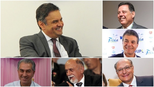 Senador Aécio Neves, governadores Marconi Perillo (GO), Beto Richa (PR), Geraldo Alckmin (SP), Simão Jatene (PA) e Reinaldo Azambuja (MS) | Fotos: reprodução / Facebook 
