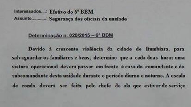 Objetivo da suposta determinação era "salvaguardar parentes e bens" do comandante e subcomandante do Batalhão de Itumbiara | Foto: Reprodução