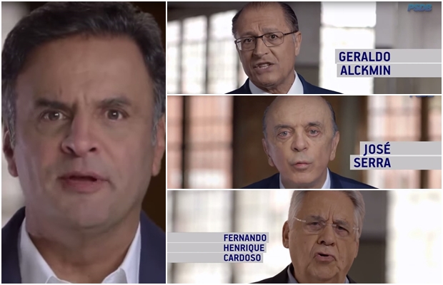 Presidente nacional do partido, Aécio Neves, o governador Geraldo Alckmin, o senador José Serra e o ex-presidente FHC: só deu São Paulo | Foto: reprodução / vídeo