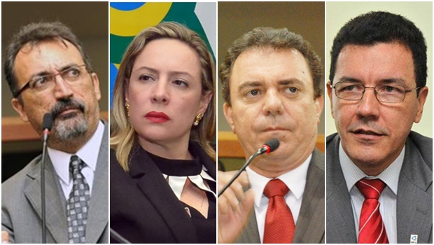Deputados Humberto Aidar, Adriana Accorsi e Luis César Bueno; e o ex-reitor da UFG, Edward Madureira: correntes diferentes no PT | Fotos: Y. Maeda, Carlos Costa e reprodução / Facebook 