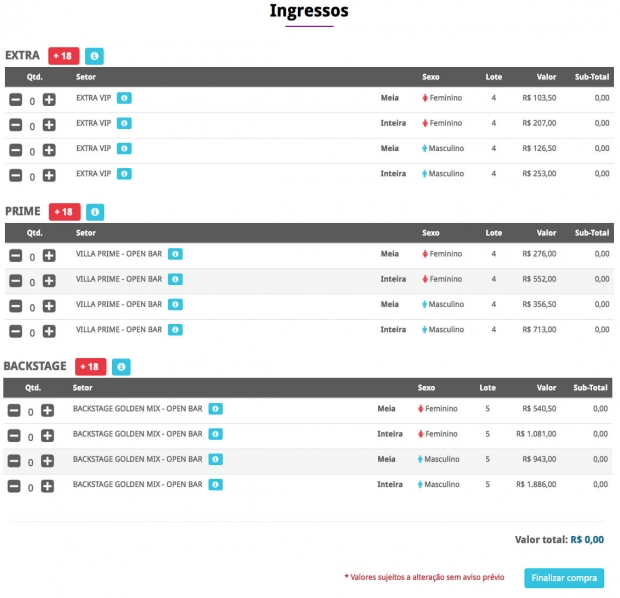 Tabela do preço dos ingressos | Foto:  reprodução 
