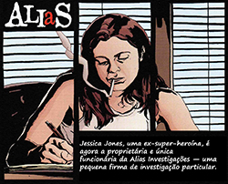 Arco “Alias”, da linha Marvel Max e que mostra a história de Jessica Jones abordada na série, foi lançado no Brasil pela Panini Comics, em 2003 | Reprodução
