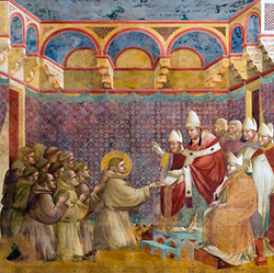 No alto, o papa com sua já conhecida maleta; acima, Francisco de Assis diante do papa Inocêncio III