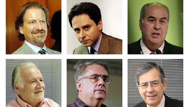 Giancarlo Civita, Luís Frias, Roberto Irineu Marinho, Mino Carta, Luís Nassif e Paulo Henrique Amorim: os três primeiros, ancorados na tese de que seus veículos têm mais audiência, controlam grande parte das verbas publicitárias do governo federal | Fotos: divulgação