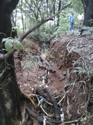 Diretor de Áreas Verdes da Amma, Wilmar Pires (esquerda) colhe informações com o morador Antônio José sobre a erosão que cresce dentro de bosque do Conjunto Itatiaia | Foto: Elder Dias
