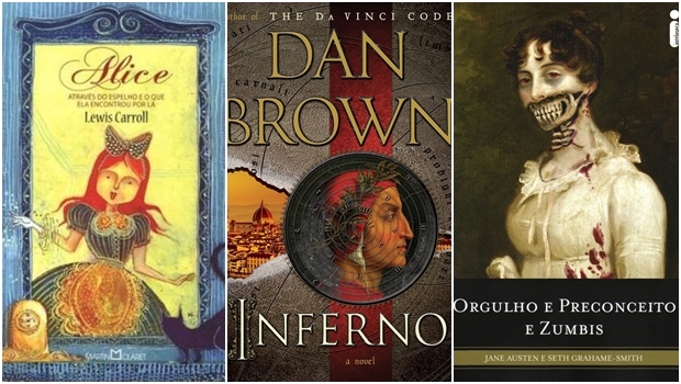 Capas dos livros Alice Através do Espelho e O Que Ela Encontrou Por Lá; Inferno; e Orgulho, Preconceito e Zumbis 