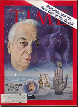 Capa de março de 1969 da Time Magazine, cuja edição destaca o astrólogo e colunista Carroll Righter. Por três meses, Adorno interpretou suas publicações, a fim de entender a estima pública da astrologia