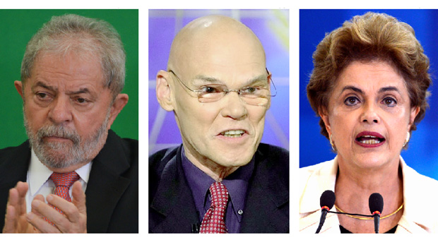 James Carville, o marqueteiro de Bill Clinton, entre o ex-presidente Lula e a presidente Dilma Rousseff: comprovando teoria sobre a prevalência da economia | Fotos: reprodução / José Cruz - Agência Brasil