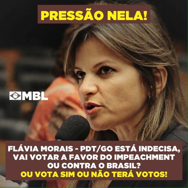 Pelas redes sociais, MBL Goiás incentiva pessoas a pressionarem a deputada federal goiana, única que não declarou como votará no pedido de abertura do processo de impeachment de Dilma | Imagem: Reprodução/Facebook