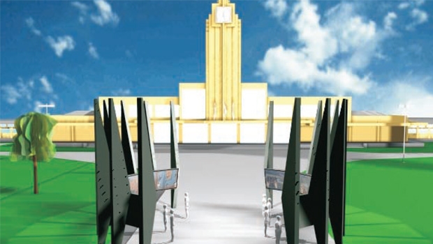 No alto, a Praça do Trabalhador em dia de manifestação; acima reconstituição digital do que seria hoje o local