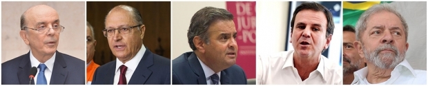 José Serra, Geraldo Alckmin, Aécio Neves, Eduardo Paes, Lula da Silva são alguns dos políticos cotados para a disputa de 2018. São nomes batidos e, até, desgastados. A única novidade é o prefeito do Rio de Janeiro | Foto: Jessika Lima/AIG-MRE, Gilberto Marques/A2img, Nuno Pereira/PSDB e Tânia Rêgo/Agência Brasil