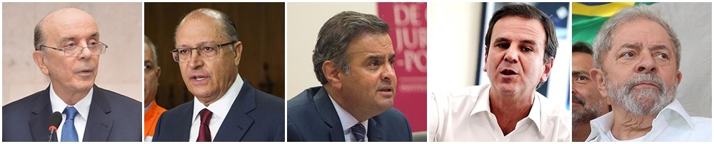 José Serra, Geraldo Alckmin, Aécio Neves, Eduardo Paes, Lula da Silva são alguns dos políticos cotados para a disputa de 2018. São nomes batidos e, até, desgastados. A única novidade é o prefeito do Rio de Janeiro | Foto: Jessika Lima/AIG-MRE, Gilberto Marques/A2img, Nuno Pereira/PSDB e Tânia Rêgo/Agência Brasil
