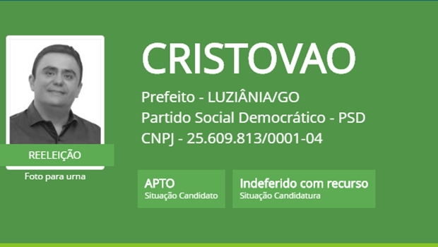 No site do TSE, Cristóvão Tormin segue com a candidatura "indeferida com recurso"