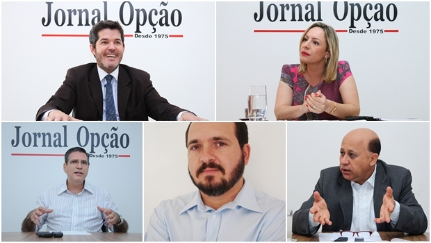 Delegado Waldir (PR), Adriana Accorsi (PT), Francisco Júnior (PSD), Flávio Sofiati (PSOL) e Djalma Araújo (Rede): os cinco postulantes estão apresentando ideias instigantes para Goiânia, mas não estão sendo observados com a devida atenção pelos eleitores. É a “sina” da dualidade | Fotos: Fernando Leite/Jornal Opção