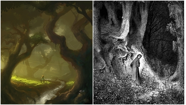 Do lado esquerdo, a Floresta das Trevas de Tolkien; do direito, a floresta escura de Dante: há semelhanças entre as funções das duas florestas nas obras dos autores | Fotos: Ilustração de Ven Locklear (esq.) e Ilustração de Gustave Doré (dir.)