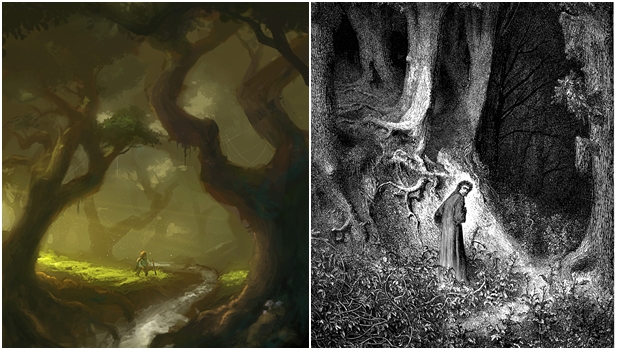 Do lado esquerdo, a Floresta das Trevas de Tolkien; do direito, a floresta escura de Dante: há semelhanças entre as funções das duas florestas nas obras dos autores | Fotos: Ilustração de Ven Locklear (esq.) e Ilustração de Gustave Doré (dir.)