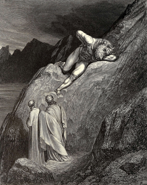 Ilustração mostra cena do Canto XII, quando Virgílio livra Dante das garras do Minotauro, que enfurecido morde a própria mão | Foto: Ilustração de Gustave Doré