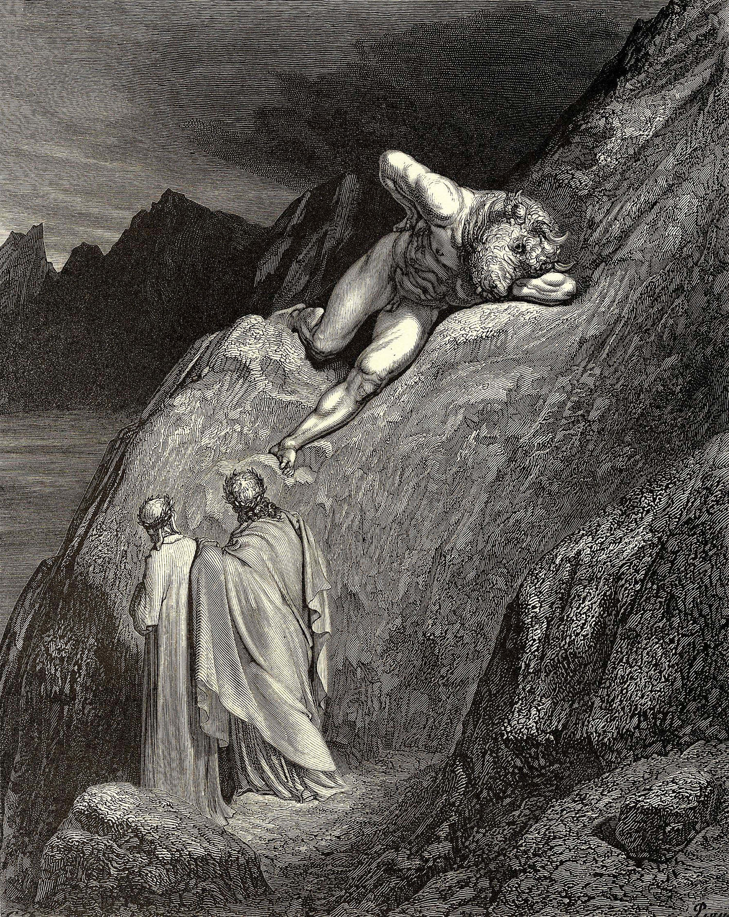 Ilustração mostra cena do Canto XII, quando Virgílio livra Dante das garras do Minotauro, que enfurecido morde a própria mão | Foto: Ilustração de Gustave Doré