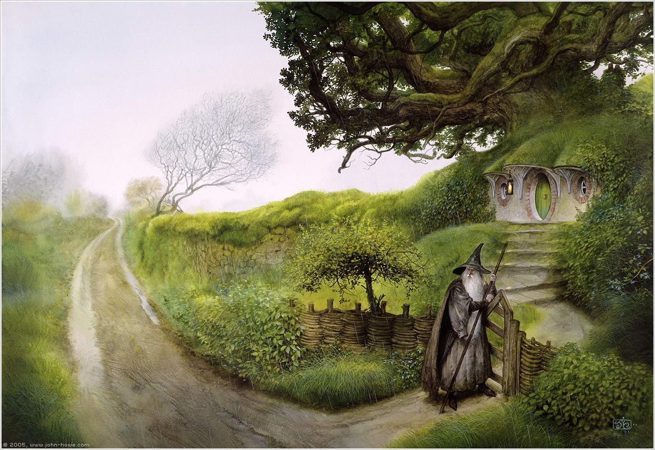 Gandalf, retratado entrando na casa de Bilbo, é o grande responsável pelo sucesso da jornada de “O Hobbit” | Foto: Ilustração de John Howe