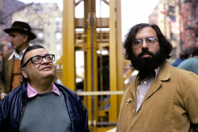 1974 --- Mario Puzo and Francis Coppola on the set of The Godfather Part II --- Image by © Corbis
