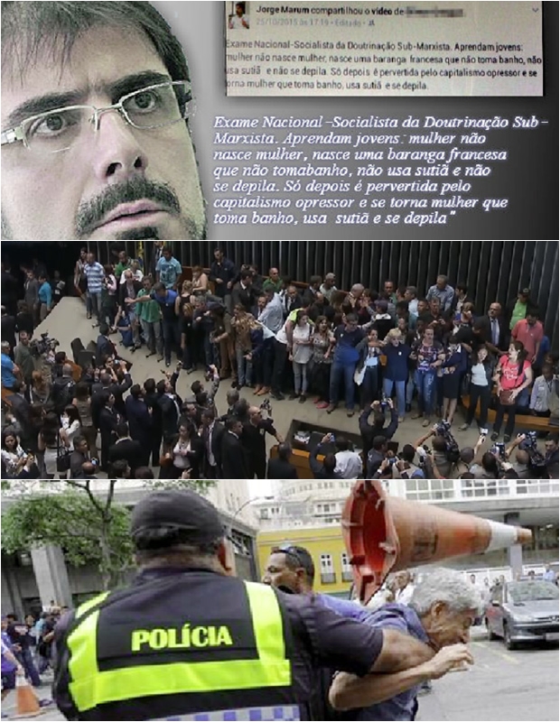 Rastros da intolerância, do alto abaixo: Jorge Marum em sua primeira polêmica virtual, com declaração machista; manifestantes “patriotas” invadem sessão em Brasília; e Caco Barcellos é agredido durante manifestação no Rio | Fotos: Reprodução