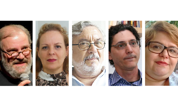 Renato Mendonça Lucas, Valéria Pedroso, Daniel Emídio de Souza, Cristiano Pimenta e Roberta Arciprett discutem a trágica morte de um jovem pelo próprio pai: mais do que política, a pura intolerância | Fotos: Fernando Leite/Jornal Opção; François Calil; Divulgação
