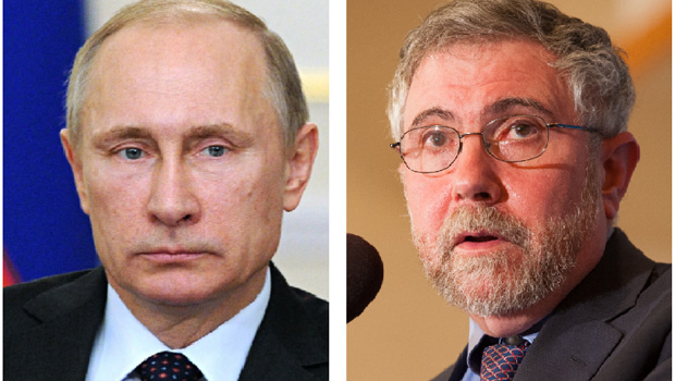 Vladimir Putin e Paul Krugman: o presidente da Rússia teria influenciado a eleição americana, para prejudicar Hillary Clinton e beneficiar Donald Trump. Já o economista de Princeton parece não perceber que a China, do ponto de vista econômico, é o país que ameaça os Estados Unidos