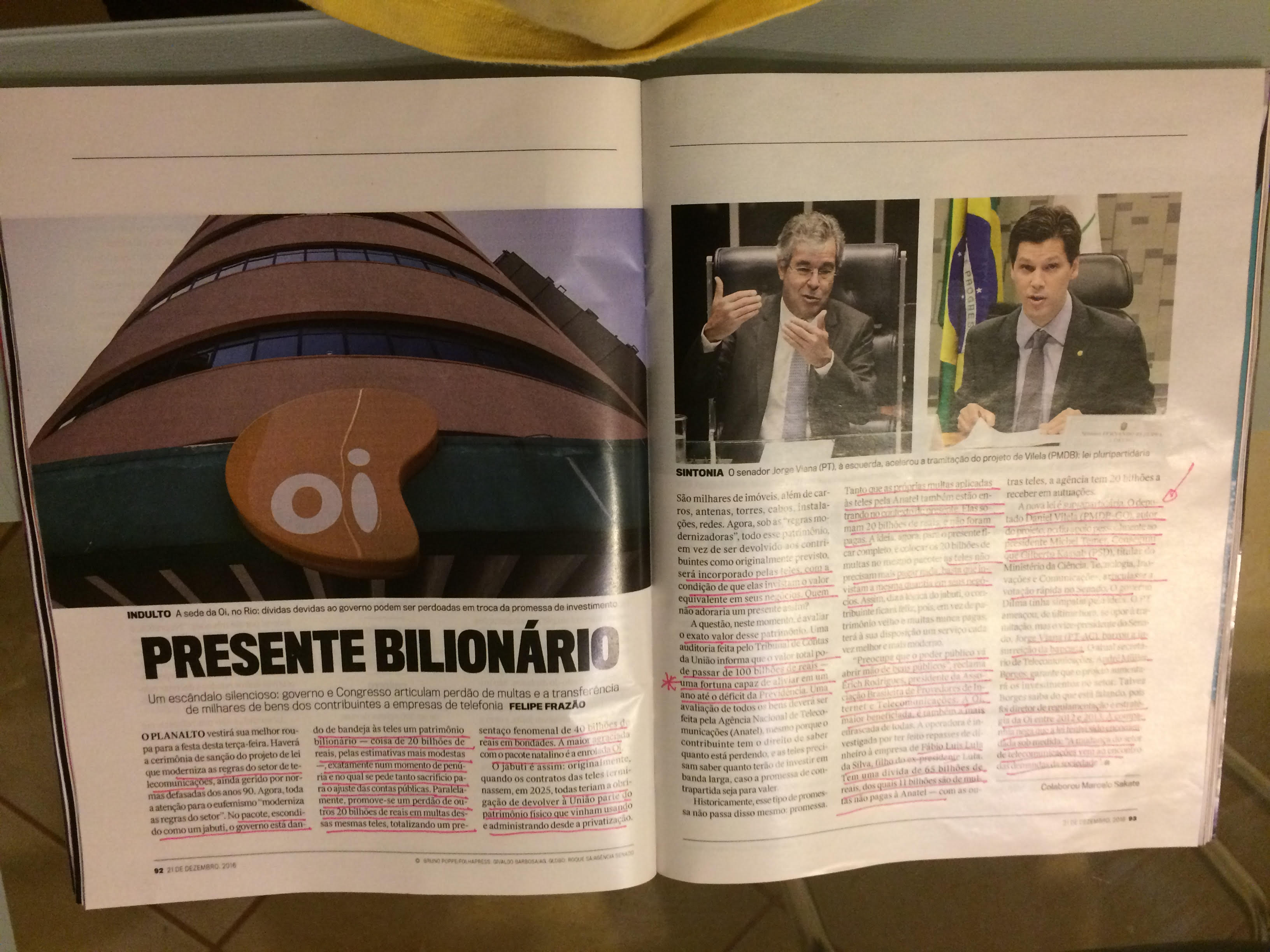 Reportagem da revista Veja que conta trama para beneficiar empresas de telecomunicações, principalmente a OI